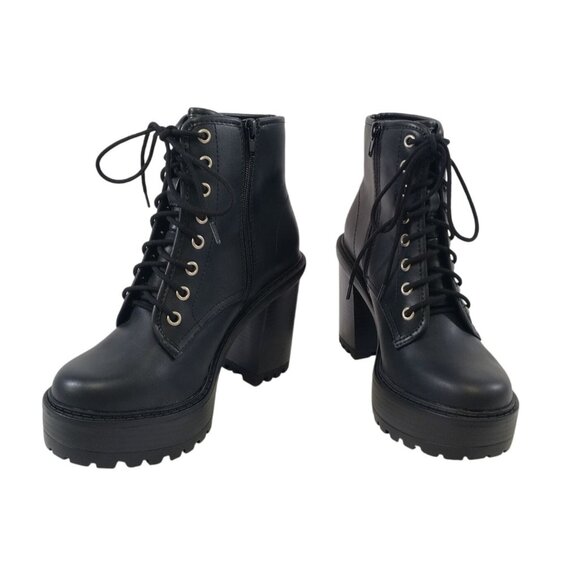 Black Platform Lace-Up Ankle Boots, 5" Chunky Heel, Side Zipper, Size 8 Women’s - Picture 4 of 9